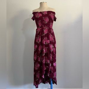 Arizona Maroon Floral Off the Shoulder Medium Maxi Dress NWT